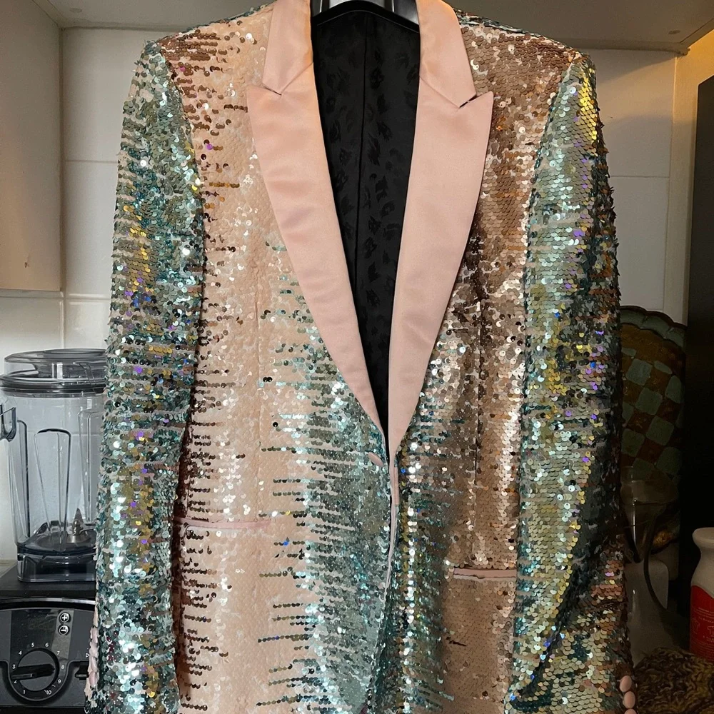 ASOS Iridescent Sequin Blazer with Pink Satin Lapel